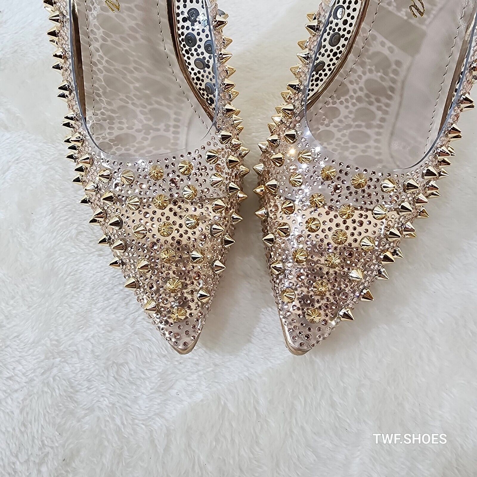 Spicy Stiletto PVC Clear Pumps Rose Gold Studs & Rhinestone Pumps Stiletto Heels - Totally Wicked Footwear