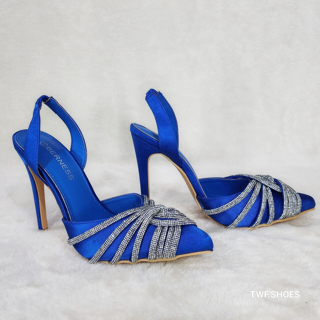 Elegance Slip on Slingback Blue Satin Rhinestone Pointy Toe High Heels Shoes