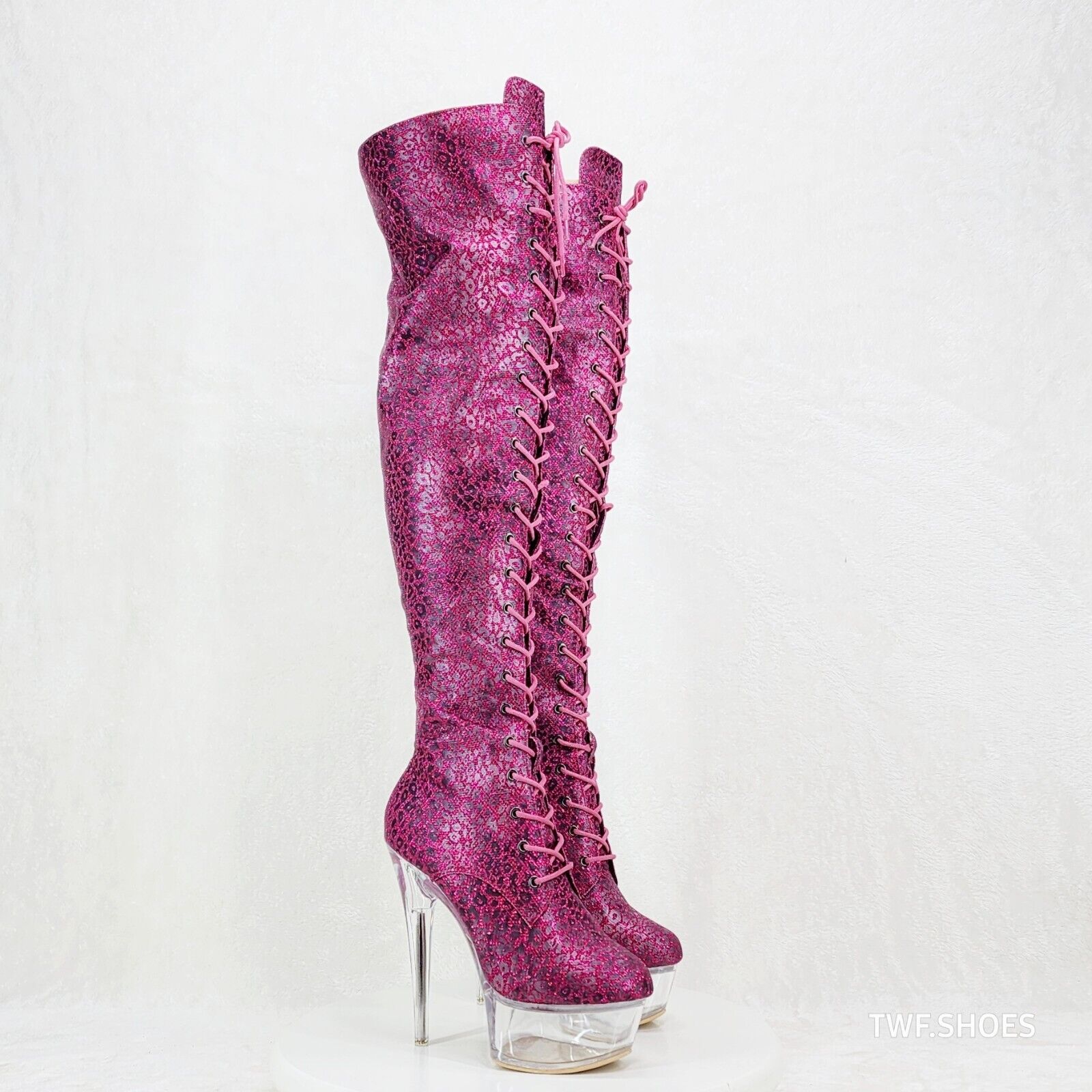 Bulls Purple Glitter Leopard Print OTK Clear Platform High Heel Thigh Boots - Totally Wicked Footwear