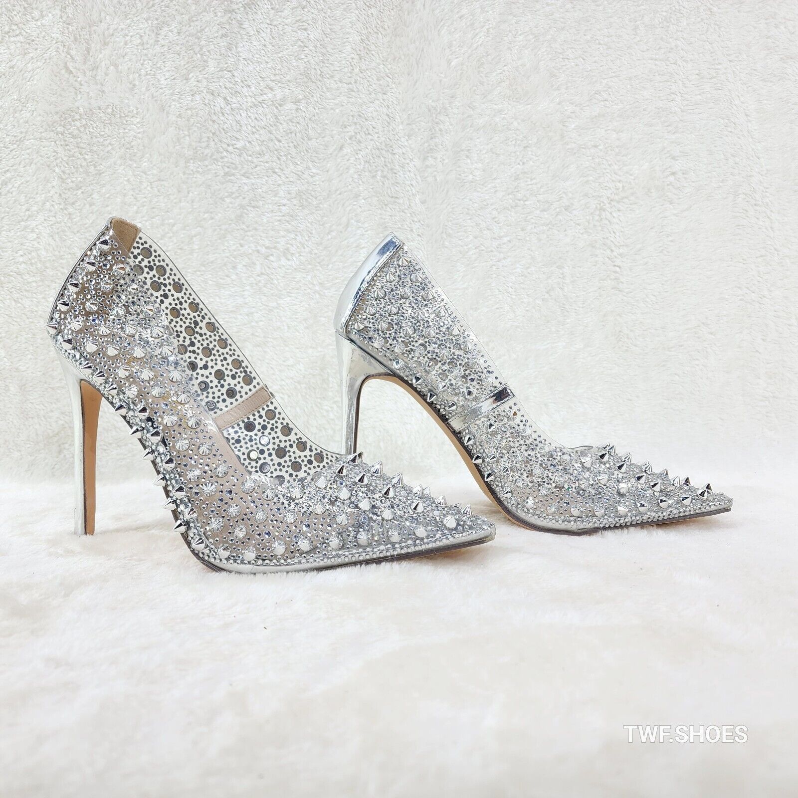 Spicy Stiletto PVC Clear Pumps Silver Studs & Rhinestone Pumps Stiletto Heels - Totally Wicked Footwear