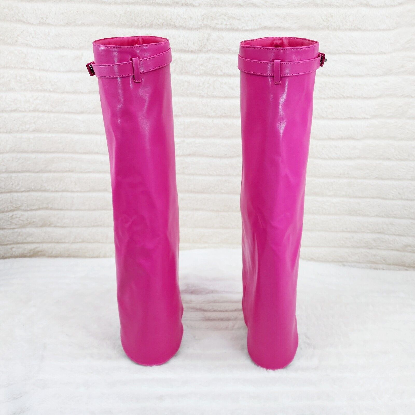 Paris Fuchsia Pink Skirted Fold Over 3.5" Block Heel Knee High Boots - Totally Wicked Footwear