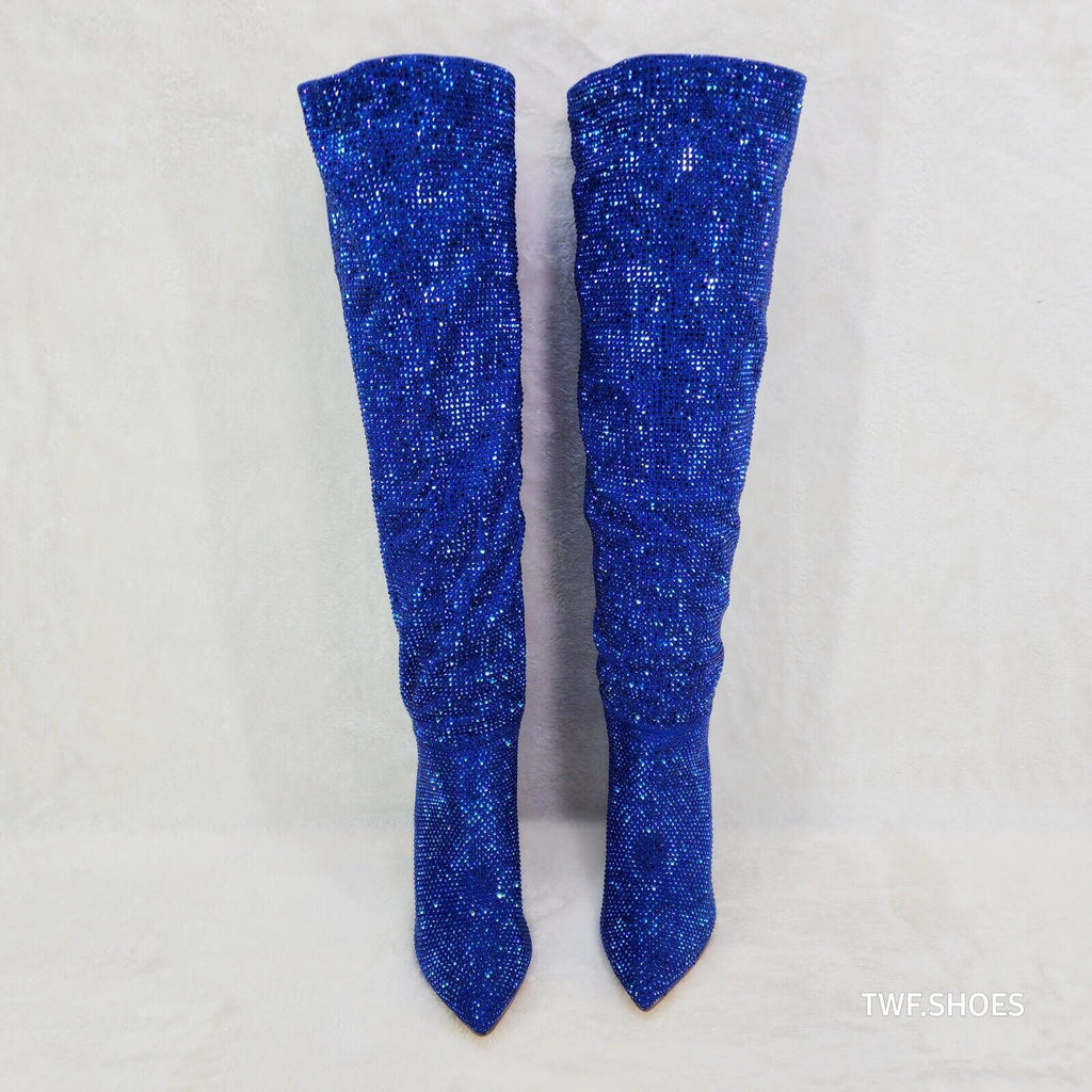 Vegas Blue Rhinestone Over the Knee Thigh boots 4.25" Heels Party Boots - Totally Wicked Footwear