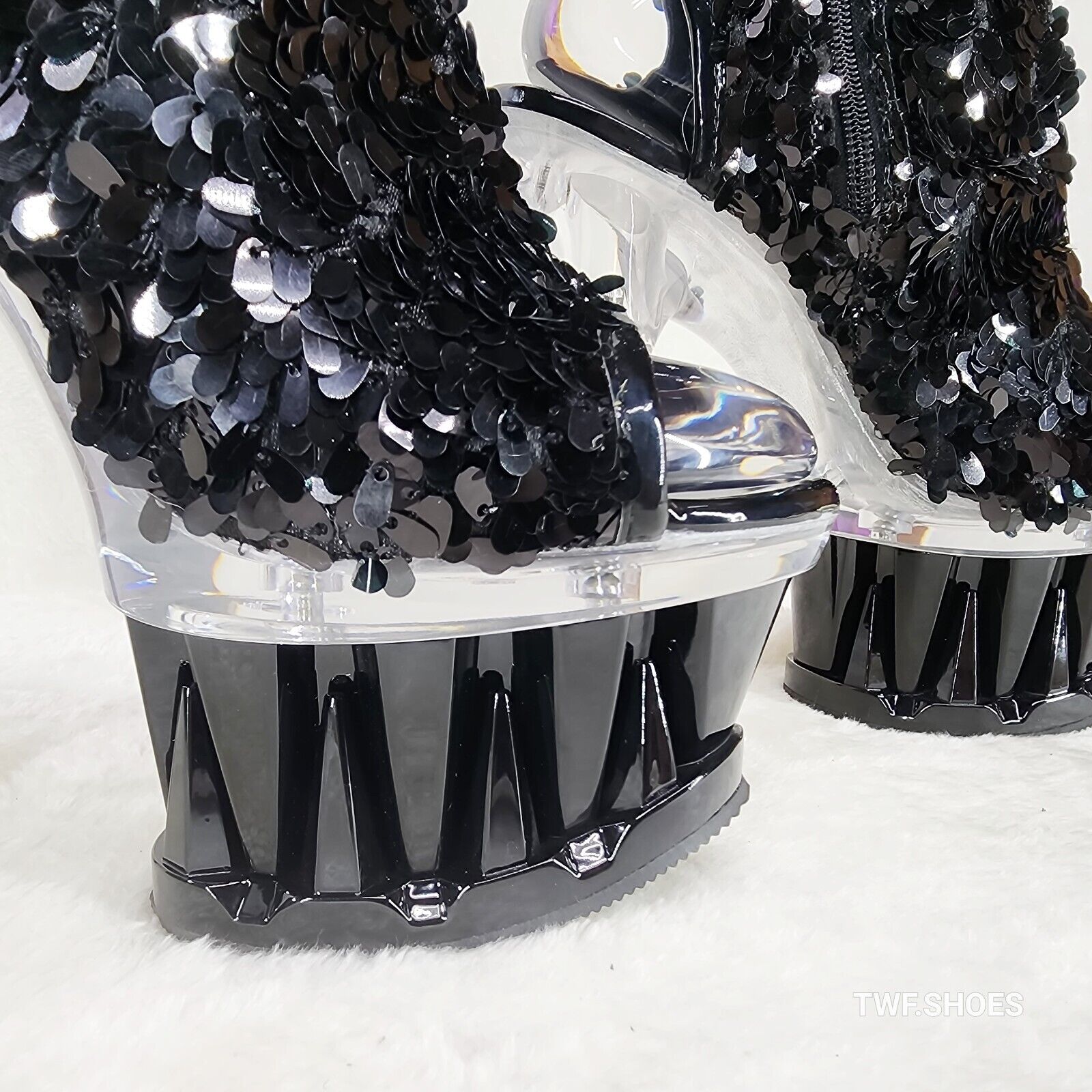 Pleaser Spiky Black Sequin Knee Boots Spiked Design Platform - Totally Wicked Footwear