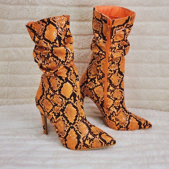Envy Sexy Orange Snake Scrunch Shaft High Heel Mid Calf Boots - Totally Wicked Footwear