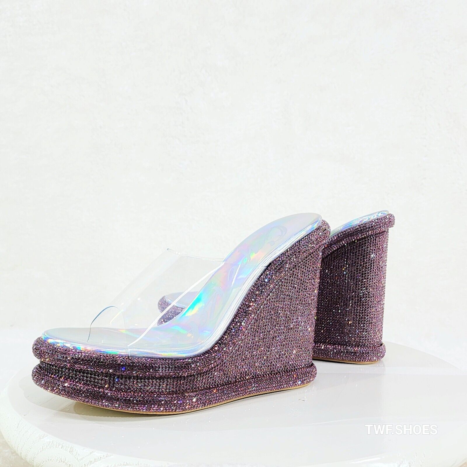 Zesty Purple Hologram Rhinestone Platform Wedge Heel Slip On Sandals - Totally Wicked Footwear
