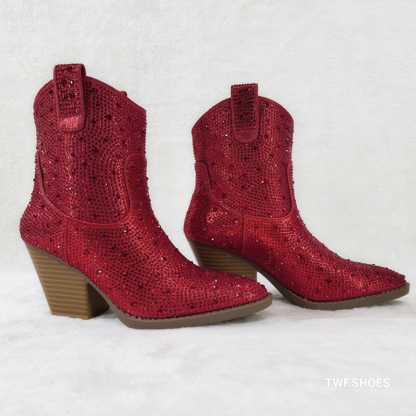 Dolly Red Rhinestone Glitter Disco Cowgirl Country Glam Western Ankle Boots