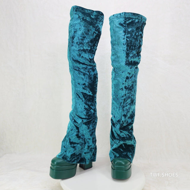 Unique Thigh High Green Velvet Fold over Skirted Chunky Heel Platform Boots - Totally Wicked Footwear