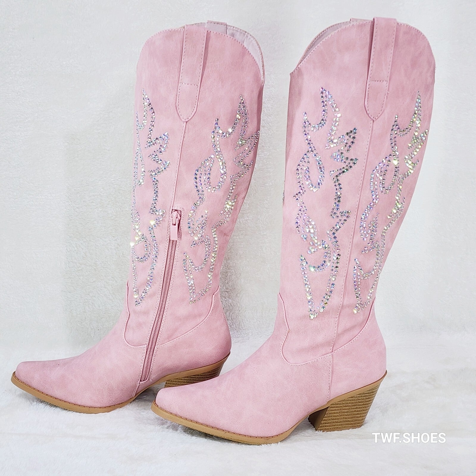 Ann Pink Leatherette With Rhinestones Country Glam Western Cowgirl Knee Boots