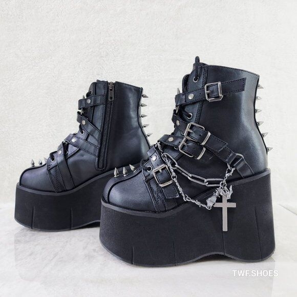 Demonia Kera Goth Platform Wedge Ankle Boots With Chain Charms & Pentagram - Totally Wicked Footwear