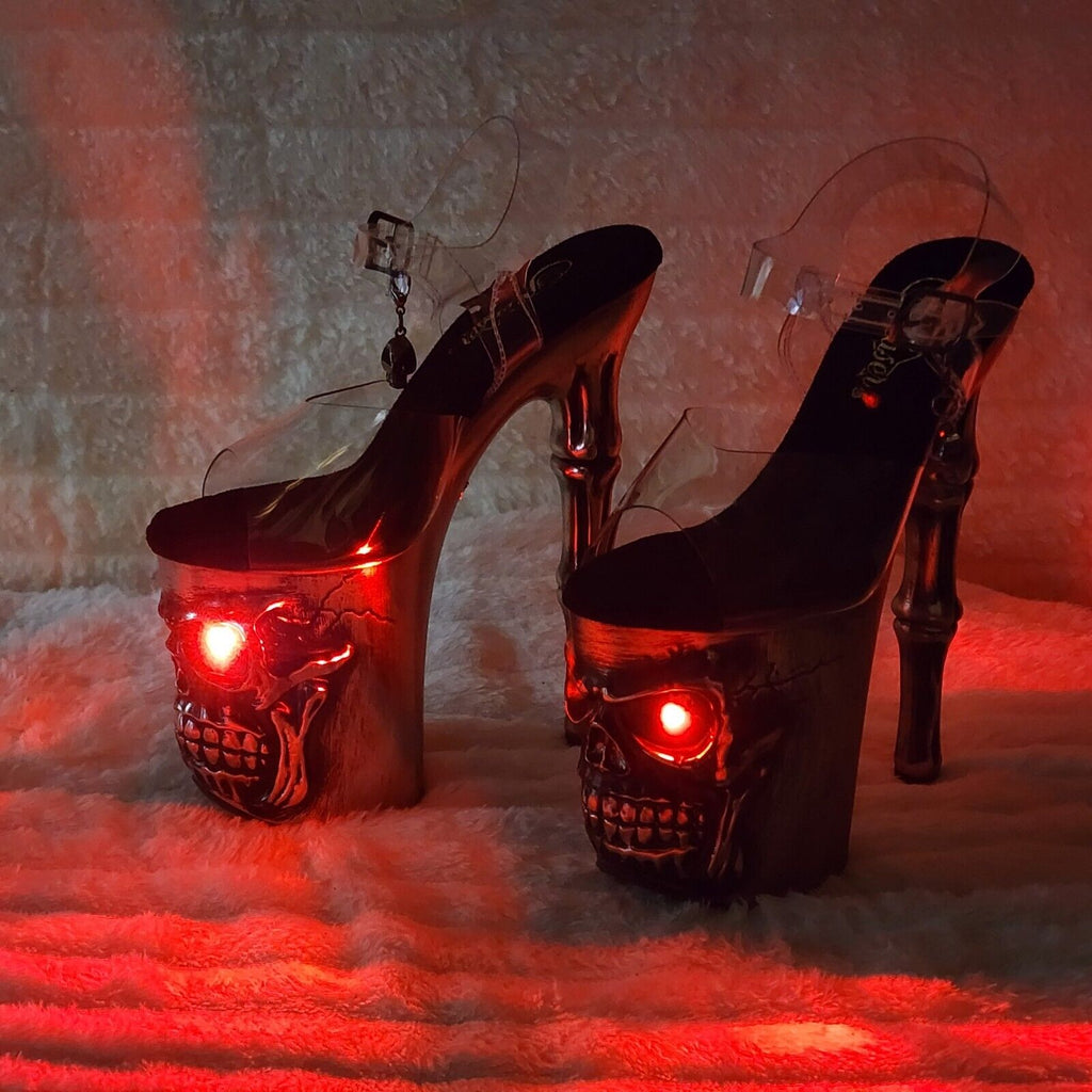 Rapture Clear Upper Brass Skull & Bones LED 8" High Heel Platform Shoes 5-10 NY - Totally Wicked Footwear