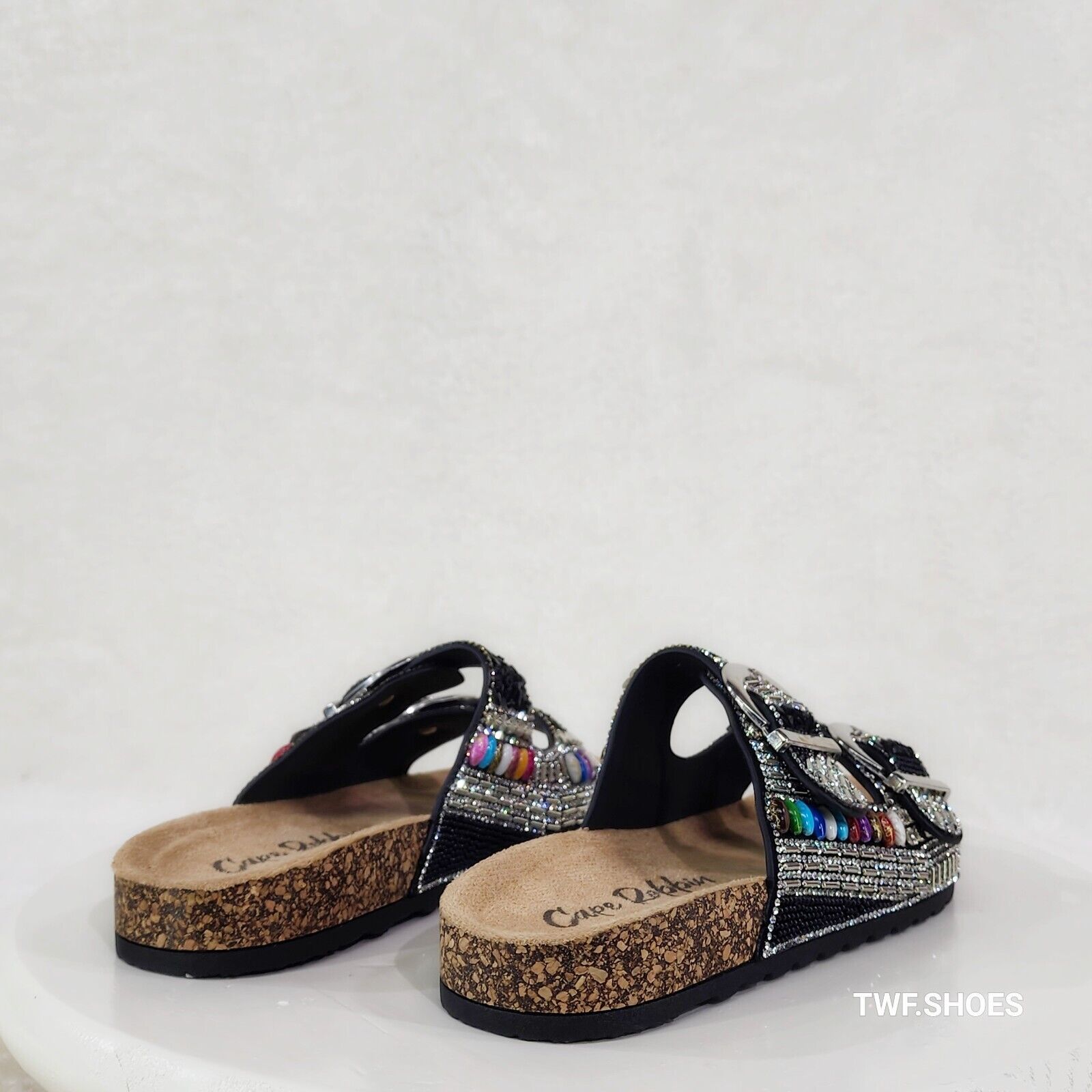 Zany Double Buckle Strap Rhinestone Beaded Slip on Mule Sandals - Totally Wicked Footwear