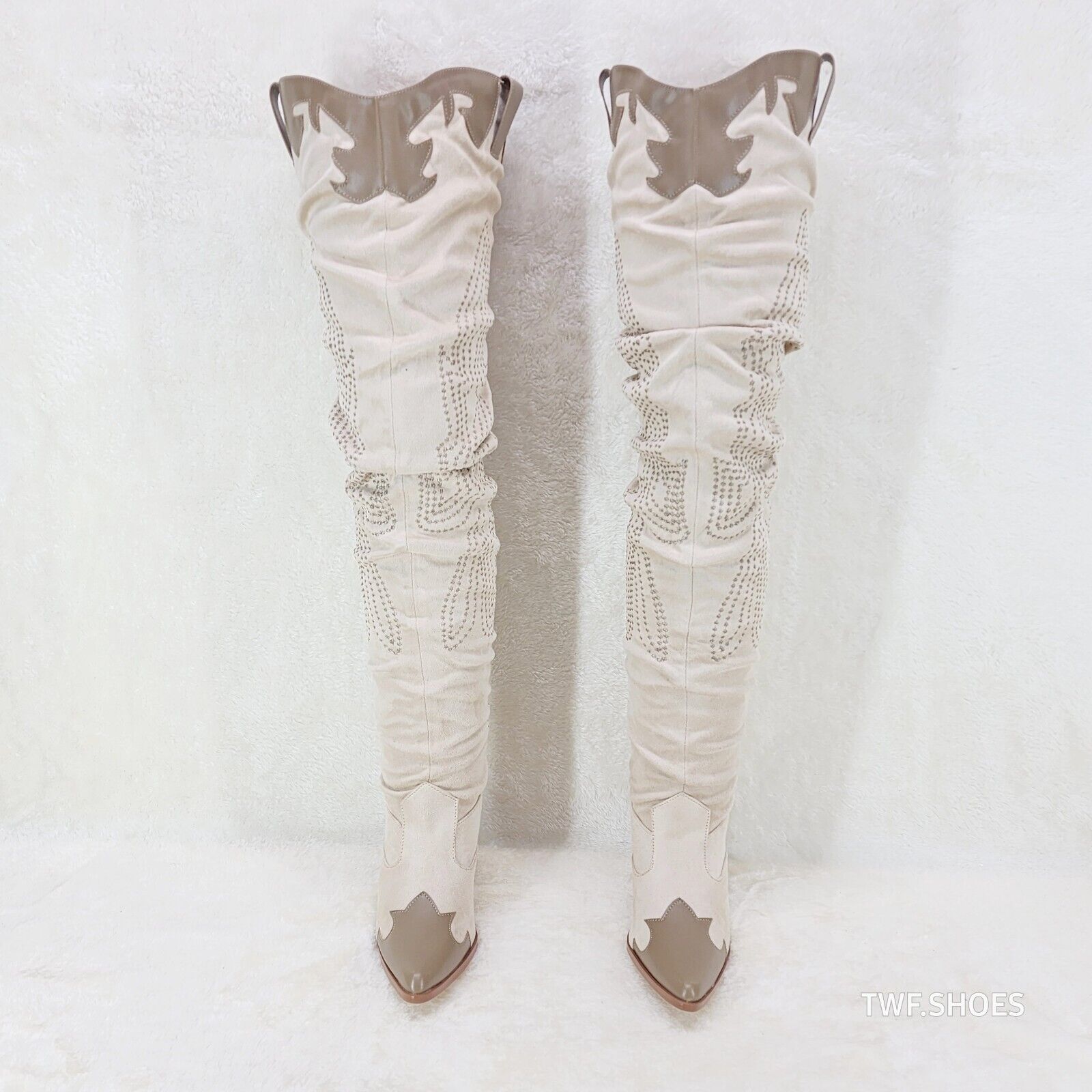 Iconic Country Western Thigh high Cowgirl Boots Cream Taupe Trim - Totally Wicked Footwear