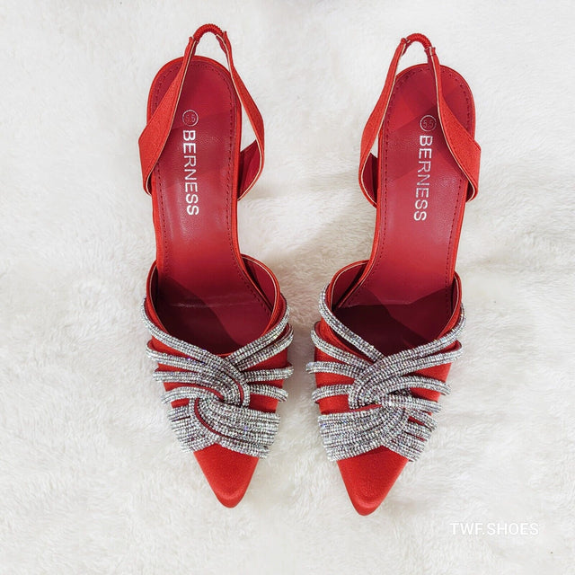 Elegance Slip on Slingback Red Satin Rhinestone Pointy Toe High Heels Shoes