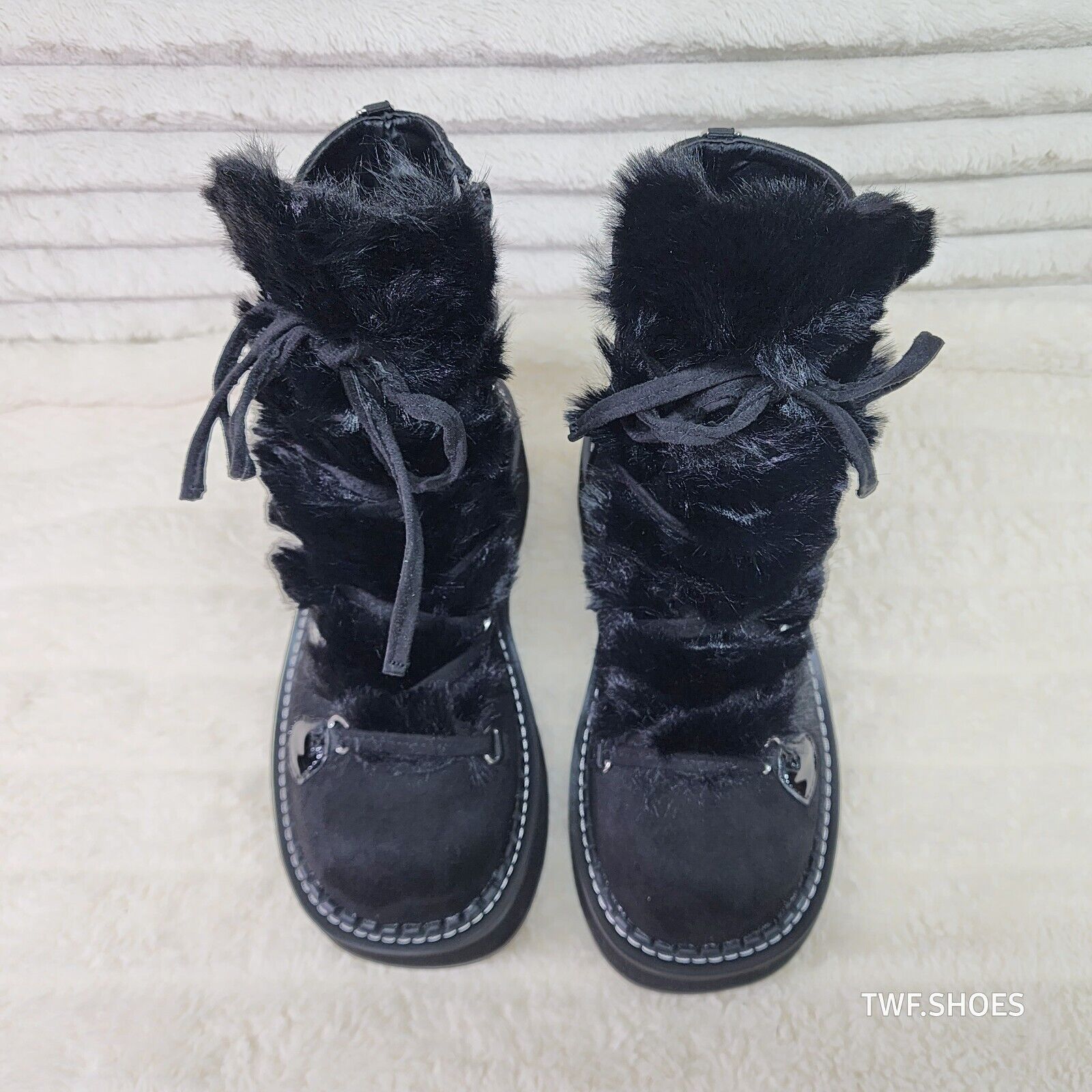 Emily Black Furry Heart Chain Goth 2" Platform Ankle Boots 55 Faux Fur - Totally Wicked Footwear