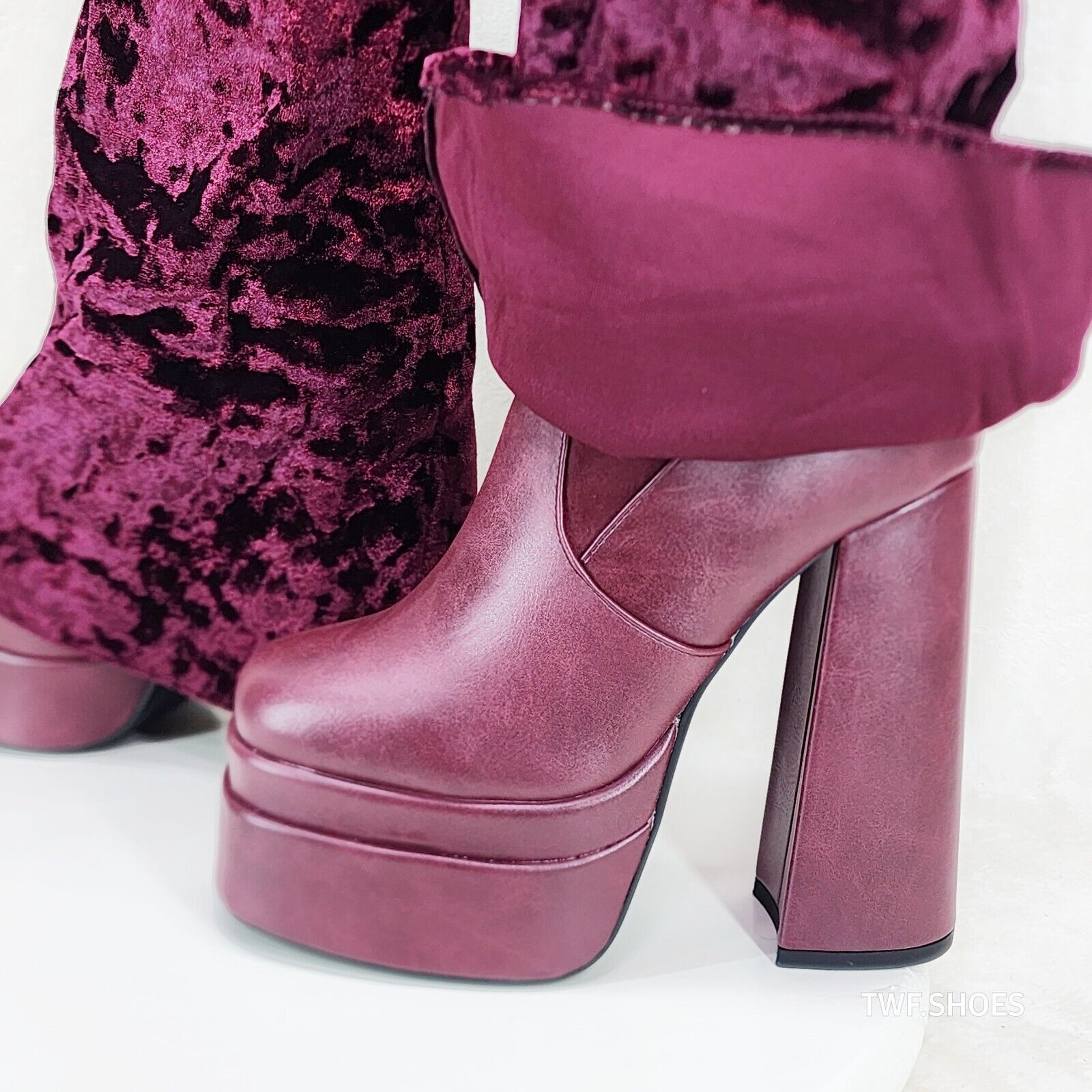 Unique Thigh High Wine Red Velvet Fold over Skirted Chunky Heel Platform Boots - Totally Wicked Footwear