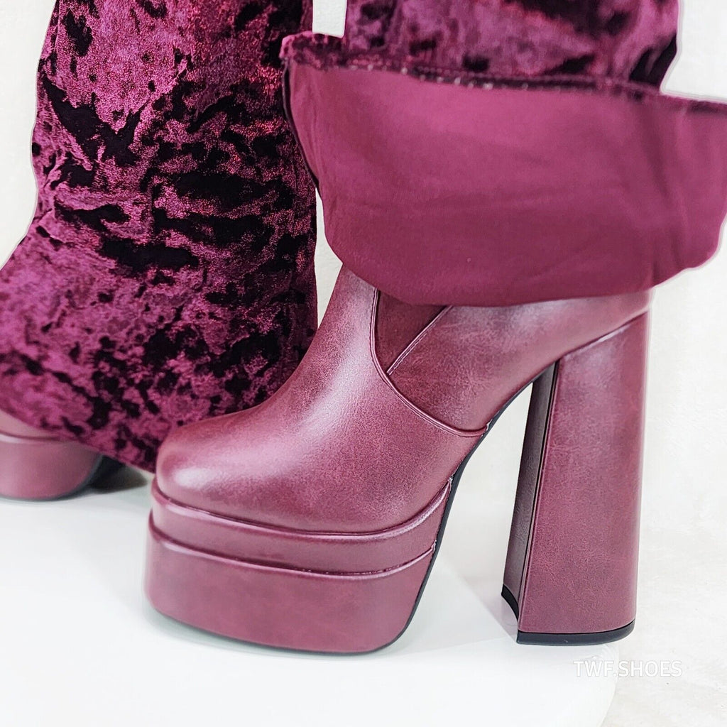 Unique Thigh High Wine Red Velvet Fold over Skirted Chunky Heel Platform Boots | Totally Wicked