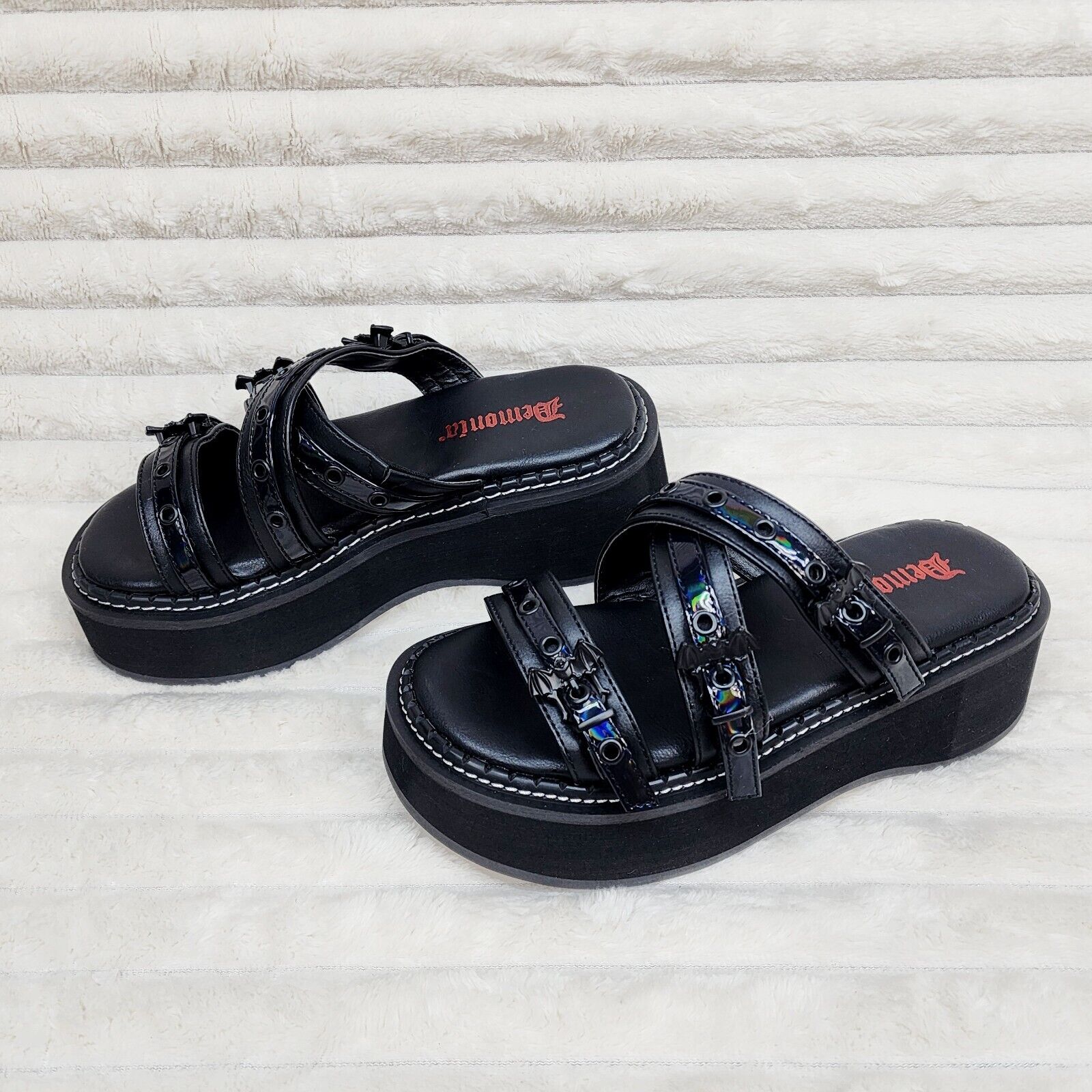 Emily 100 - 2 Black 2" Platform Bat Buckle Slip On Sandals Shoes 6-12 NY DEMONIA - Totally Wicked Footwear