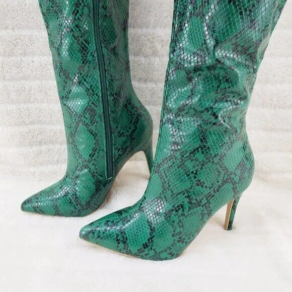 Brand New Bad Girlz Green Snake Wide Top Thigh High Heel Boots