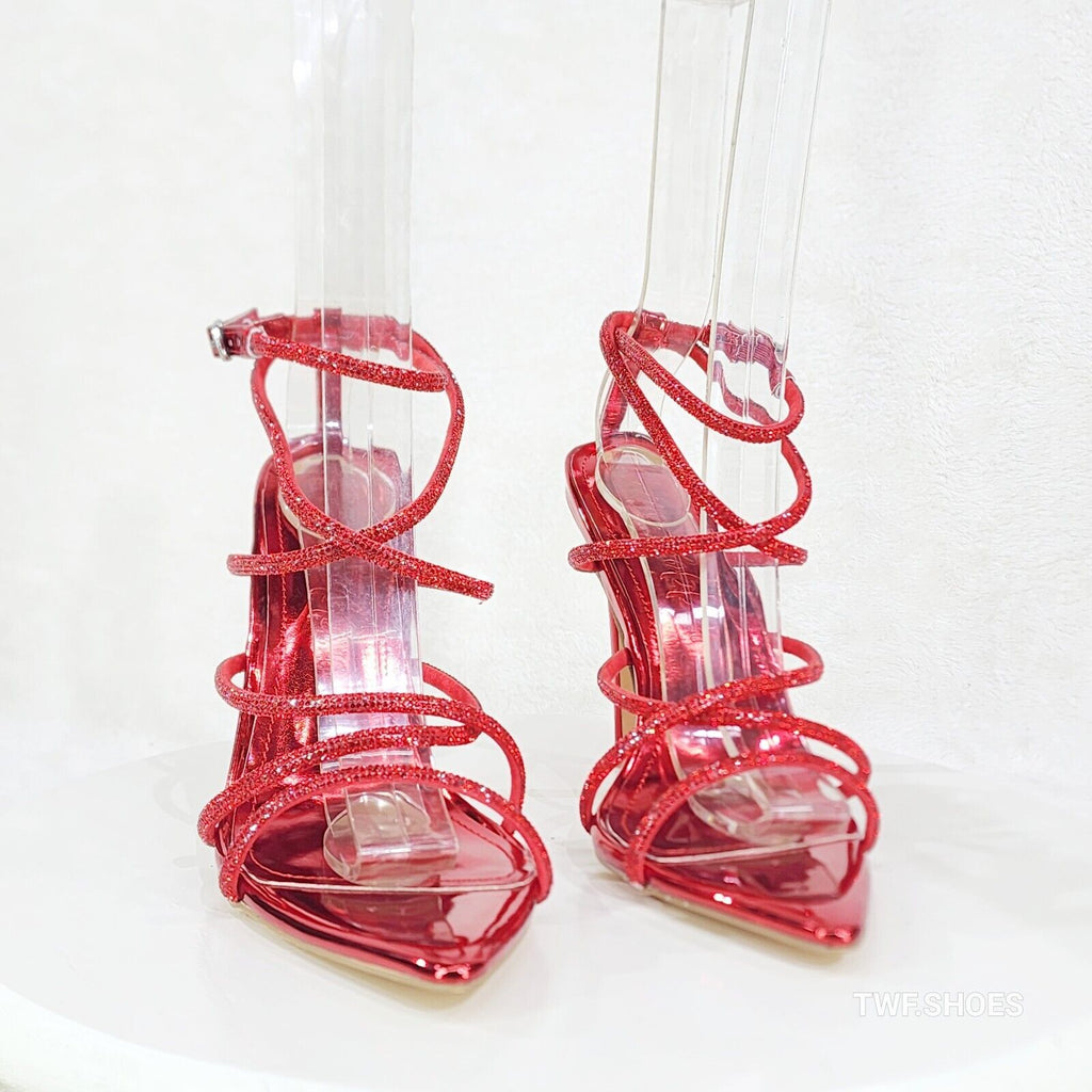 Party Town Red Metallic Strappy Rhinestone Pointy Toe High Heels