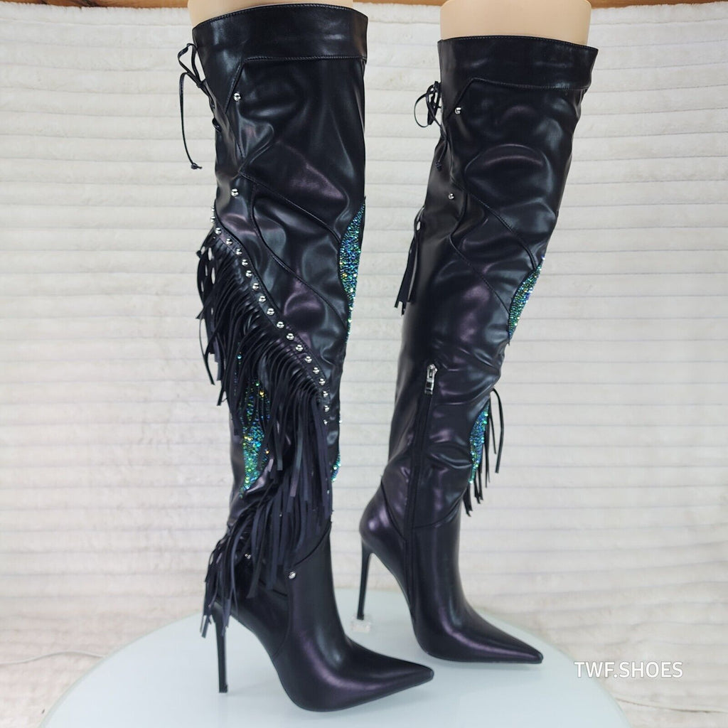 Frenzy Black Fringe Rhinestone Over The Knee Thigh Boots Azalea Wang - Totally Wicked Footwear