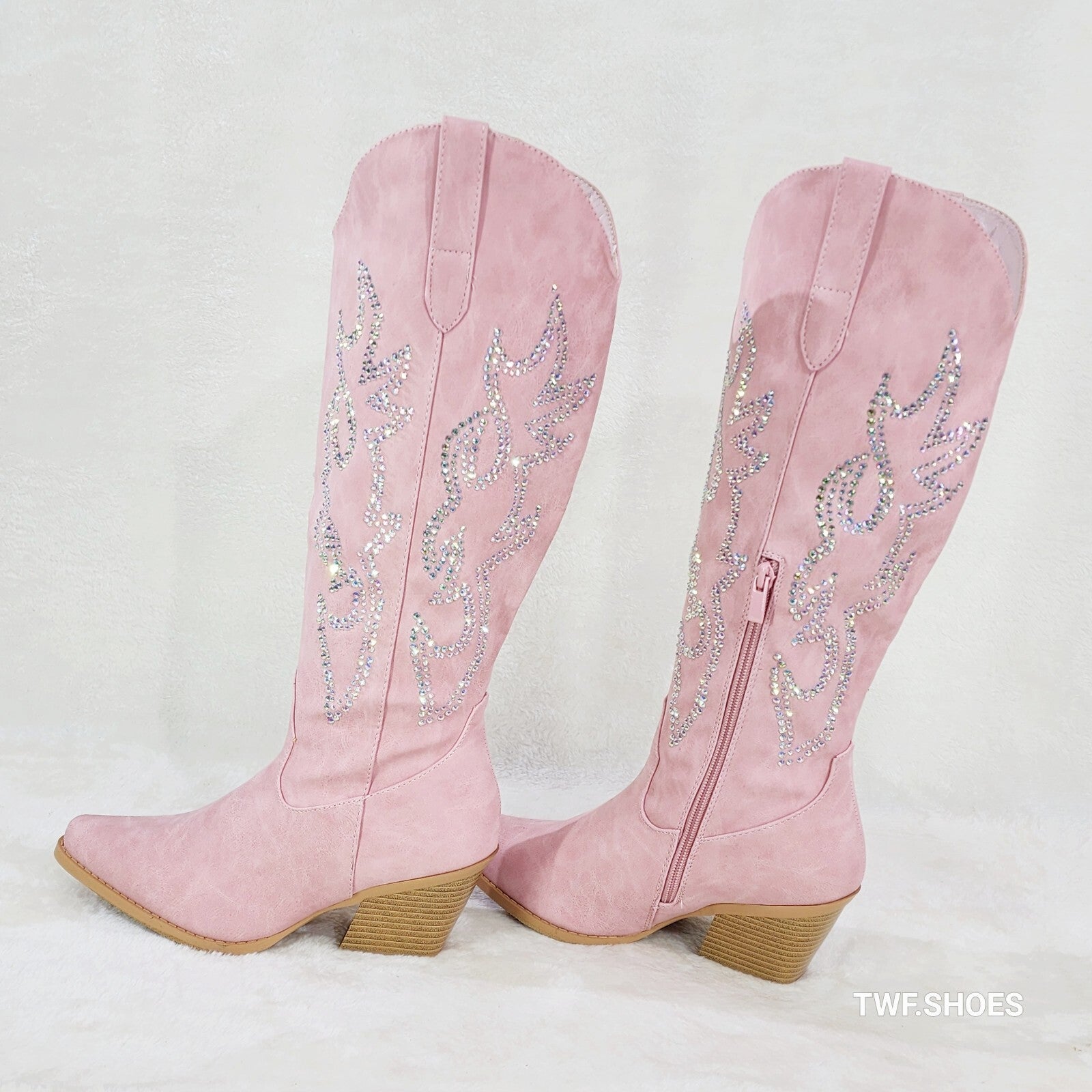 Ann Pink Leatherette With Rhinestones Country Glam Western Cowgirl Knee Boots