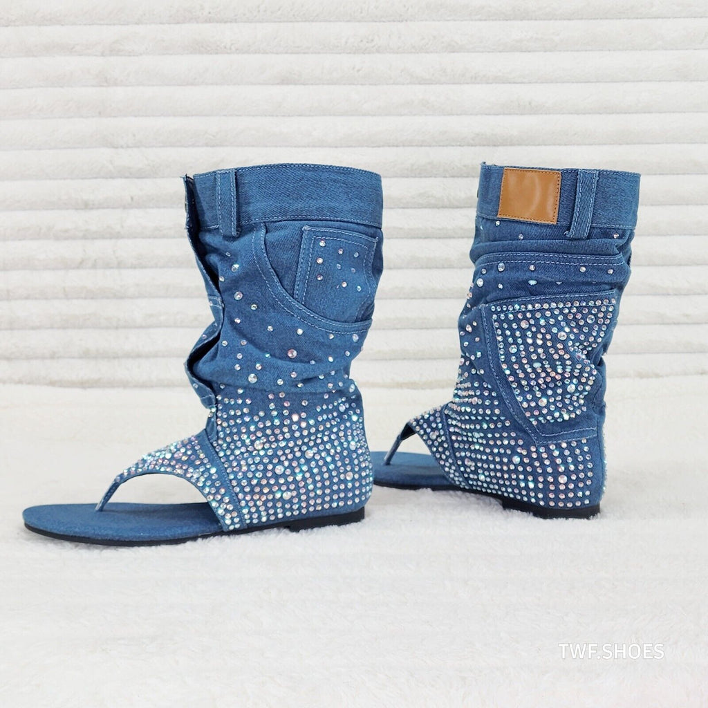 Perplex Denim & Rhinestones Sandal Slouch Boots Shooties - Totally Wicked Footwear