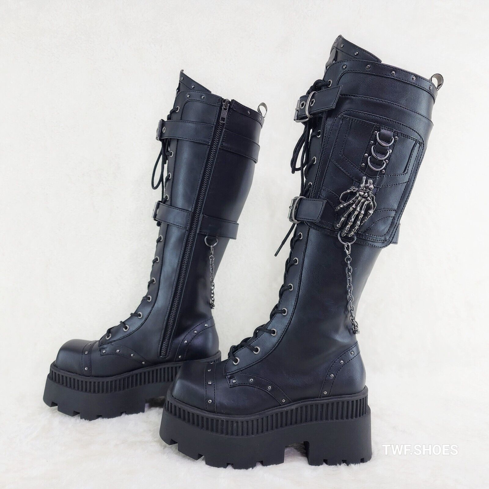 Wicked Wrath Square Toe Goth Lace Up Knee High Boots Skull Hand In House DEMONIA - Totally Wicked Footwear