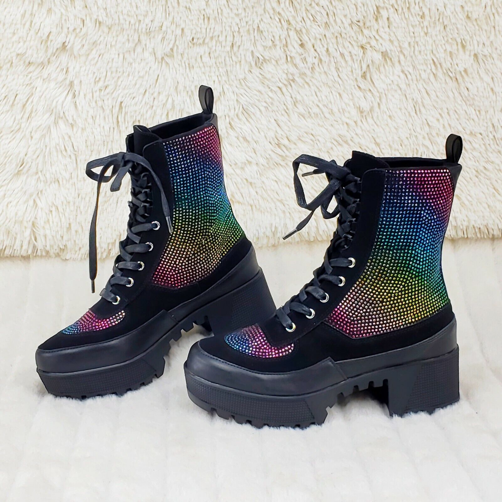 Queen Pin 2 Rainbow Rhinestone Lace Up Platform Combat Ankle Boots Restocked - Totally Wicked Footwear