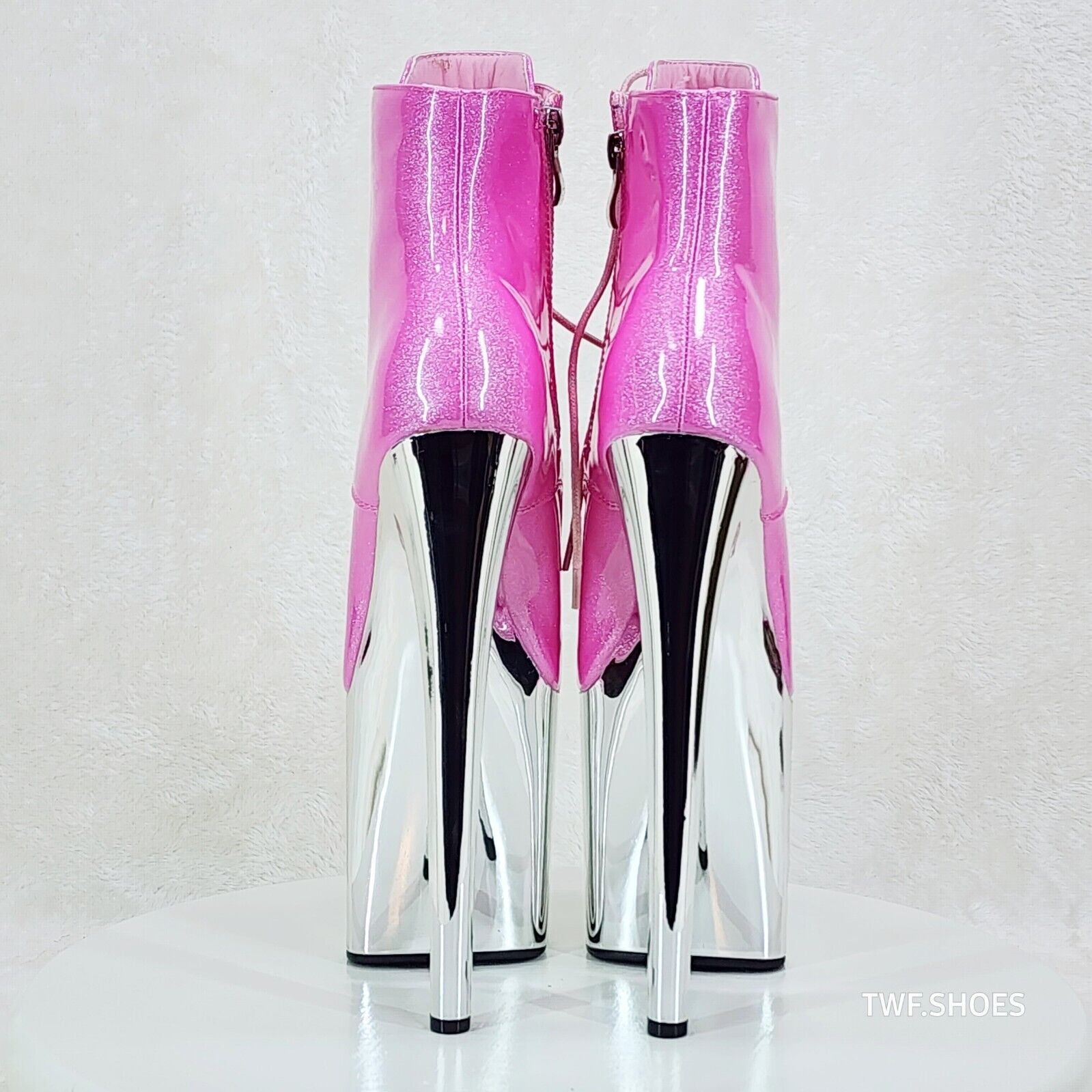 Bulls Pink Glitter Patent Chrome Platform High Heel Ankle Boots - Totally Wicked Footwear