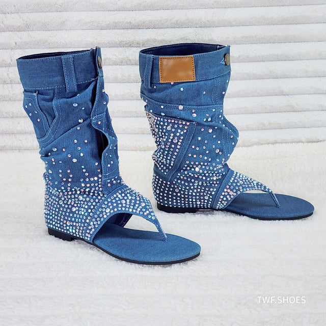 Perplex Denim & Rhinestones Sandal Slouch Boots Shooties - Totally Wicked Footwear