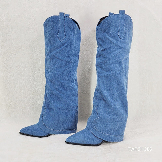 Rough Cut Denim Skirted Fold Over Country Western Knee High Cowgirl Boots - Totally Wicked Footwear
