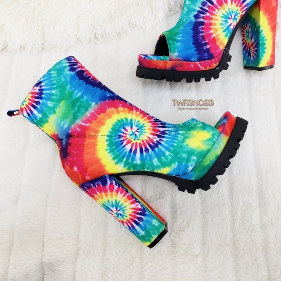 Trippin Colorful Tie Dye Open Toe Chunky Platform Heel Ankle Boots