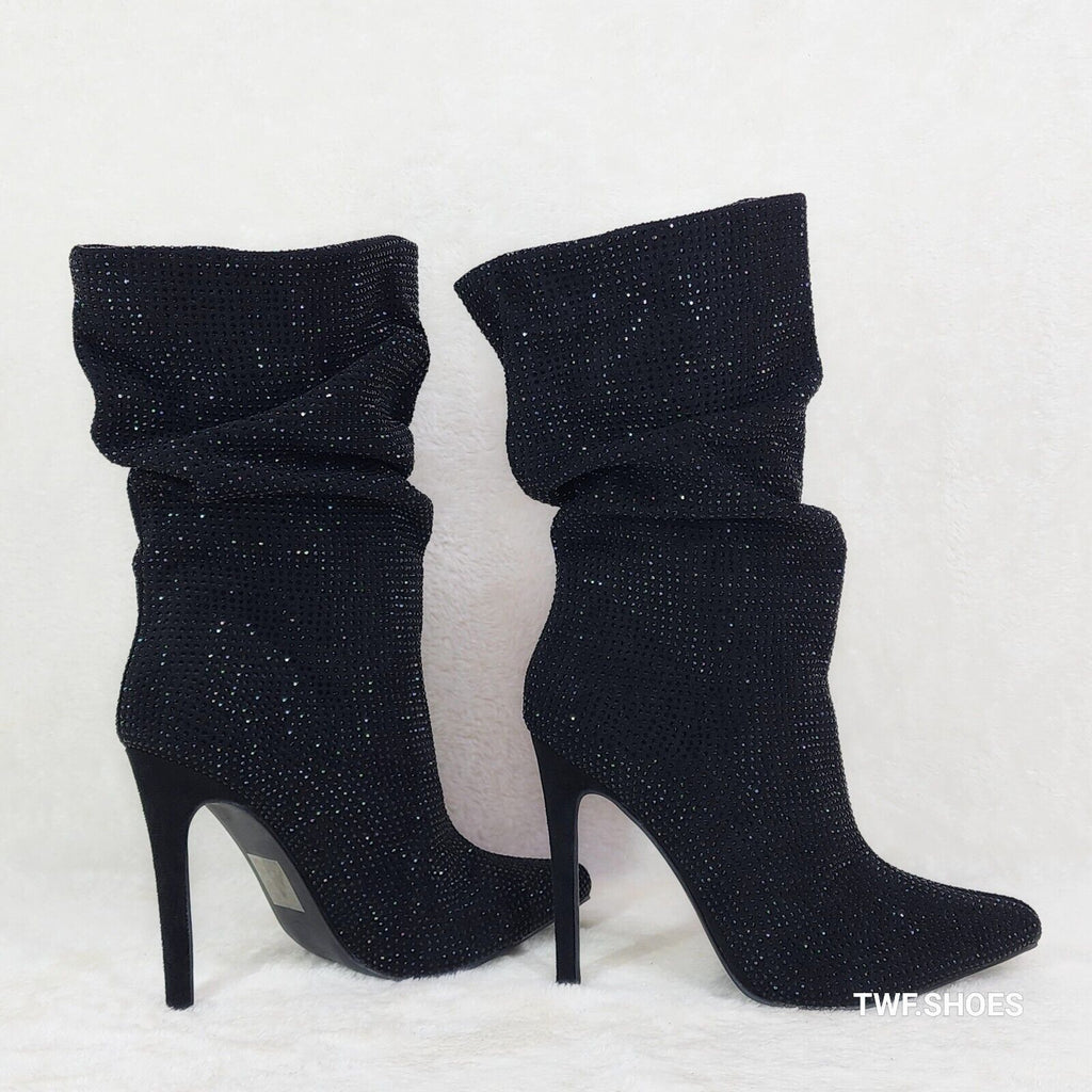 Resolve Sparkling Black Rhinestone High Heel Slouch Calf Boots New Years Bling - Totally Wicked Footwear