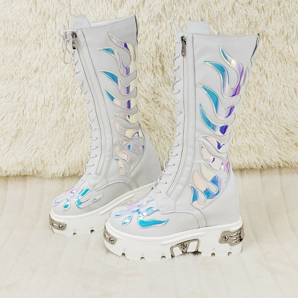 Wang White Flame Punk Goth Rock 2" Platform 4.5" Wedge Mid Calf Boots Restocked - Totally Wicked Footwear