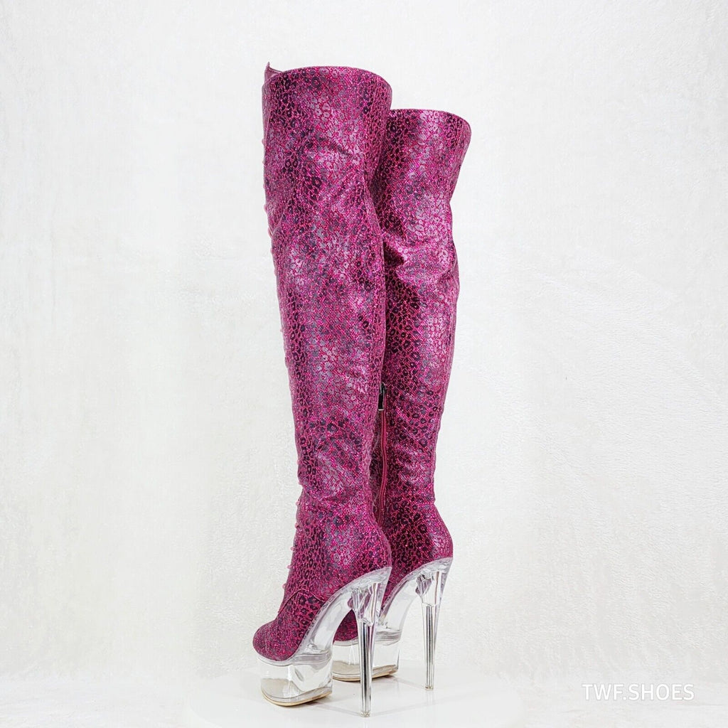 Bulls Purple Glitter Leopard Print OTK Clear Platform High Heel Thigh Boots - Totally Wicked Footwear