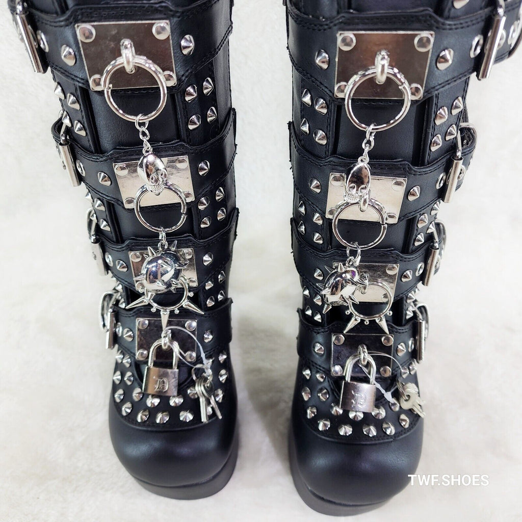 Charade 118 Mace Charms Platform Chunky Heel Goth Mid Calf Boot IN HOUSE DEMONIA