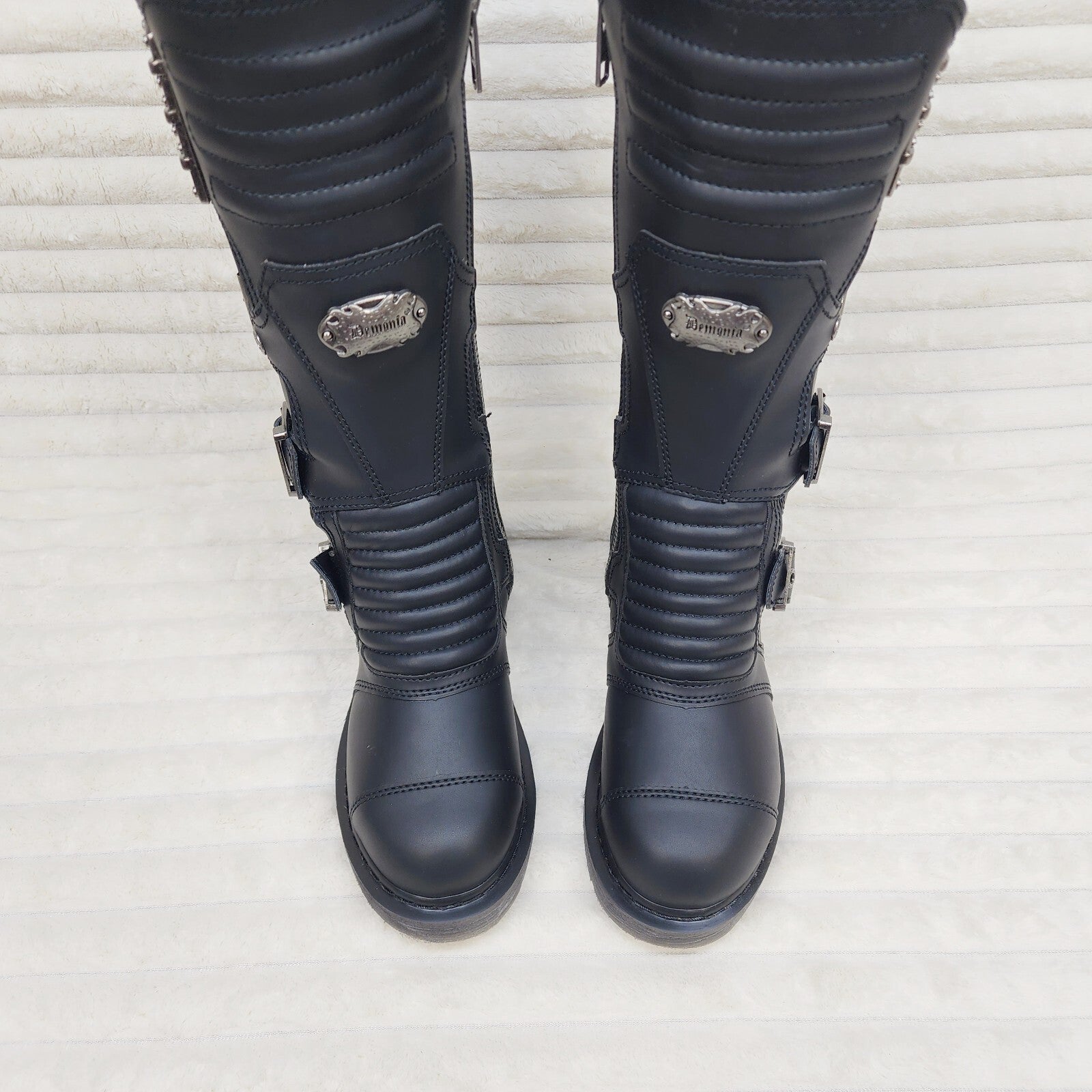 DEMONIA Bolt 405 Goth Combat Biker Knee Boots Black Matte Men Sizes