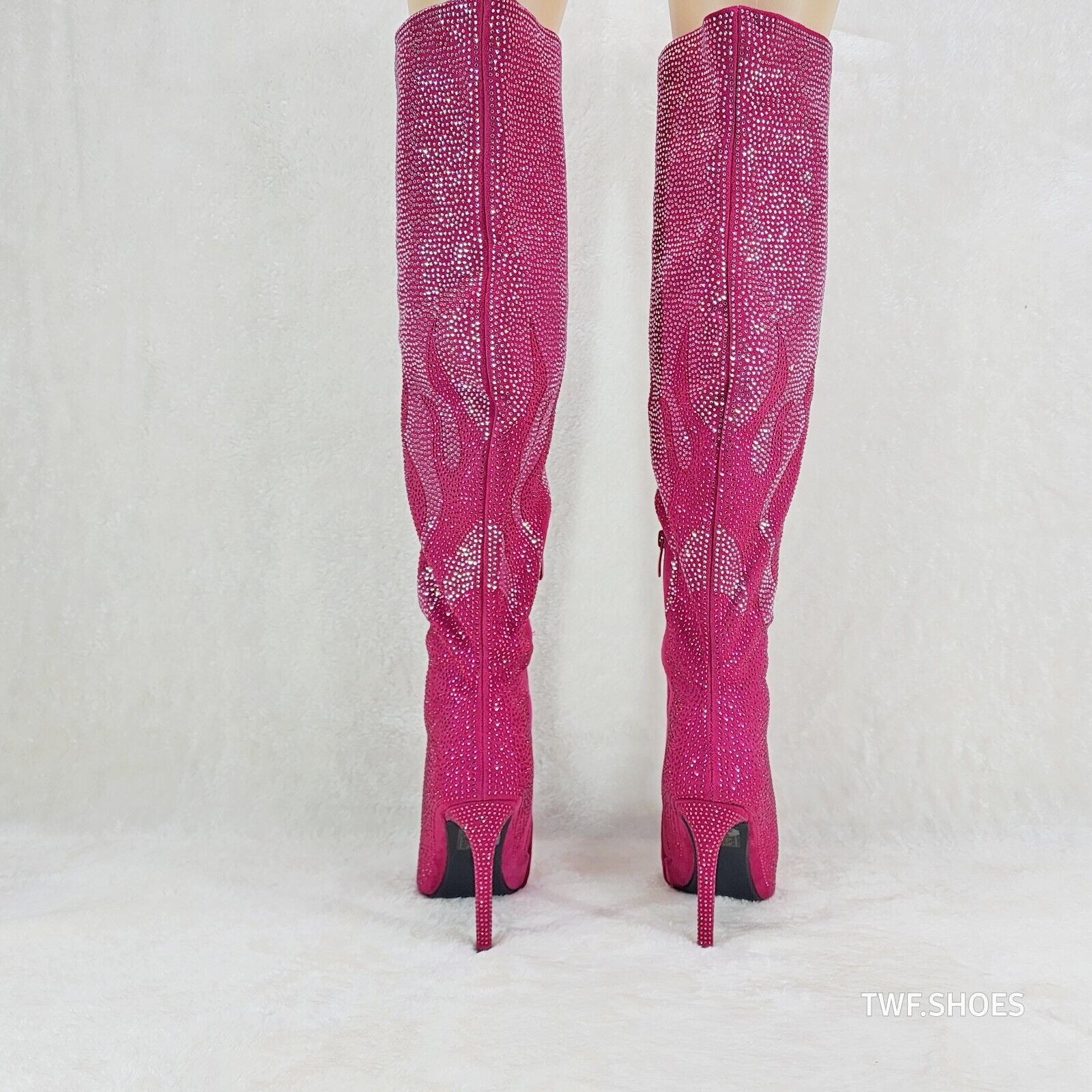 Fiery Desire Hot Fuchsia Pink Rhinestone Flame Detail Sexy OTK Thigh Boots - Totally Wicked Footwear