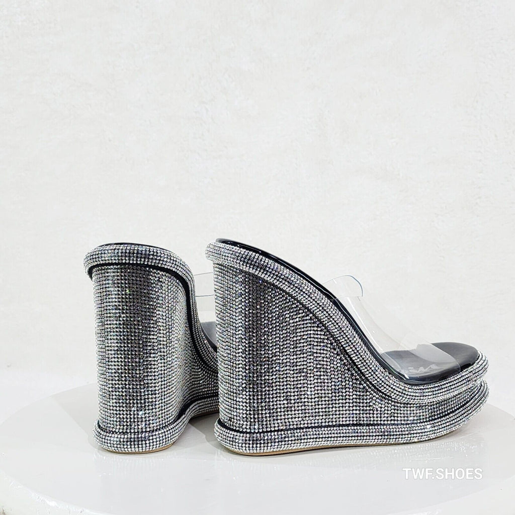 Zesty Black Silver Rhinestone Platform Wedge Heel Slip On Sandals