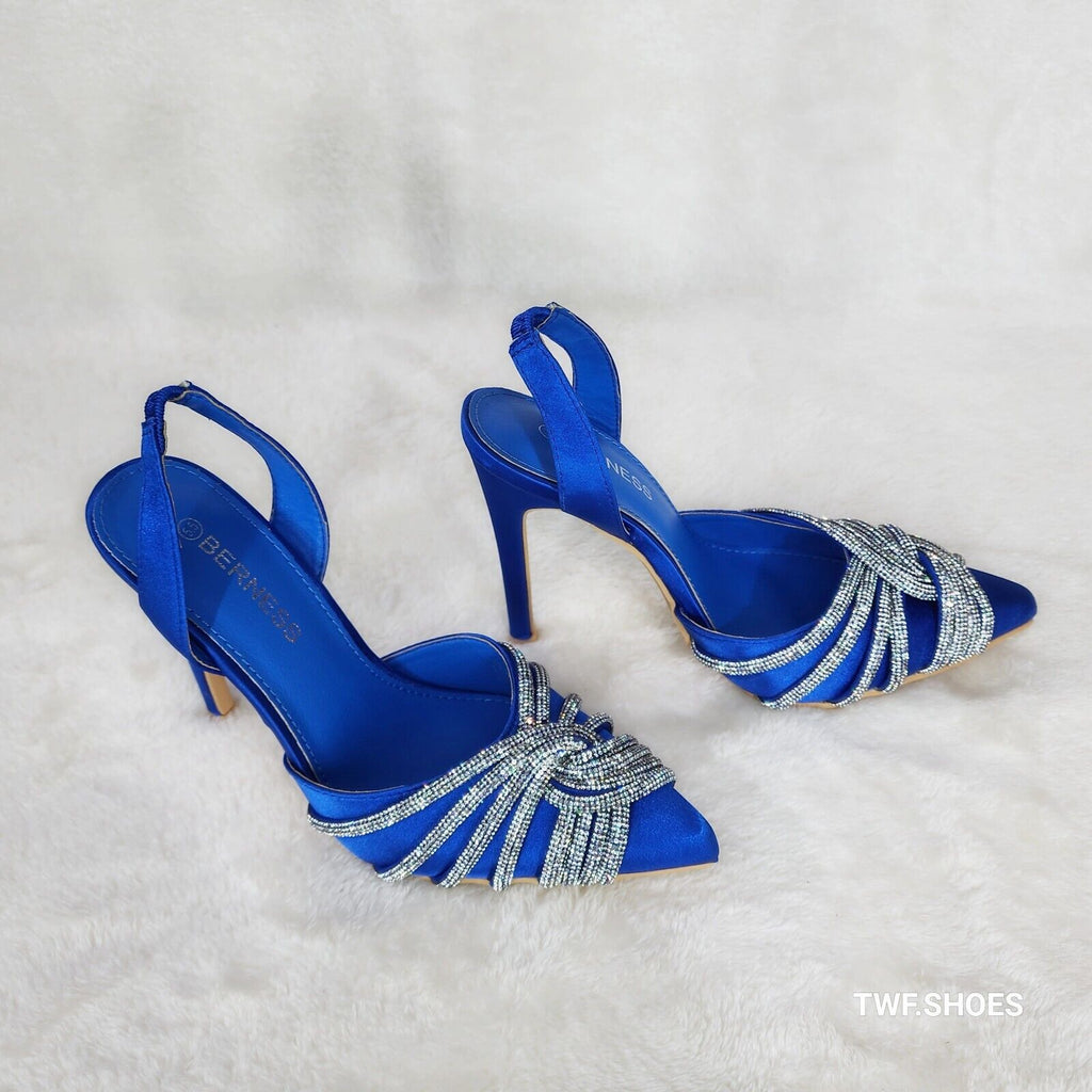 Elegance Slip on Slingback Blue Satin Rhinestone Pointy Toe High Heels Shoes