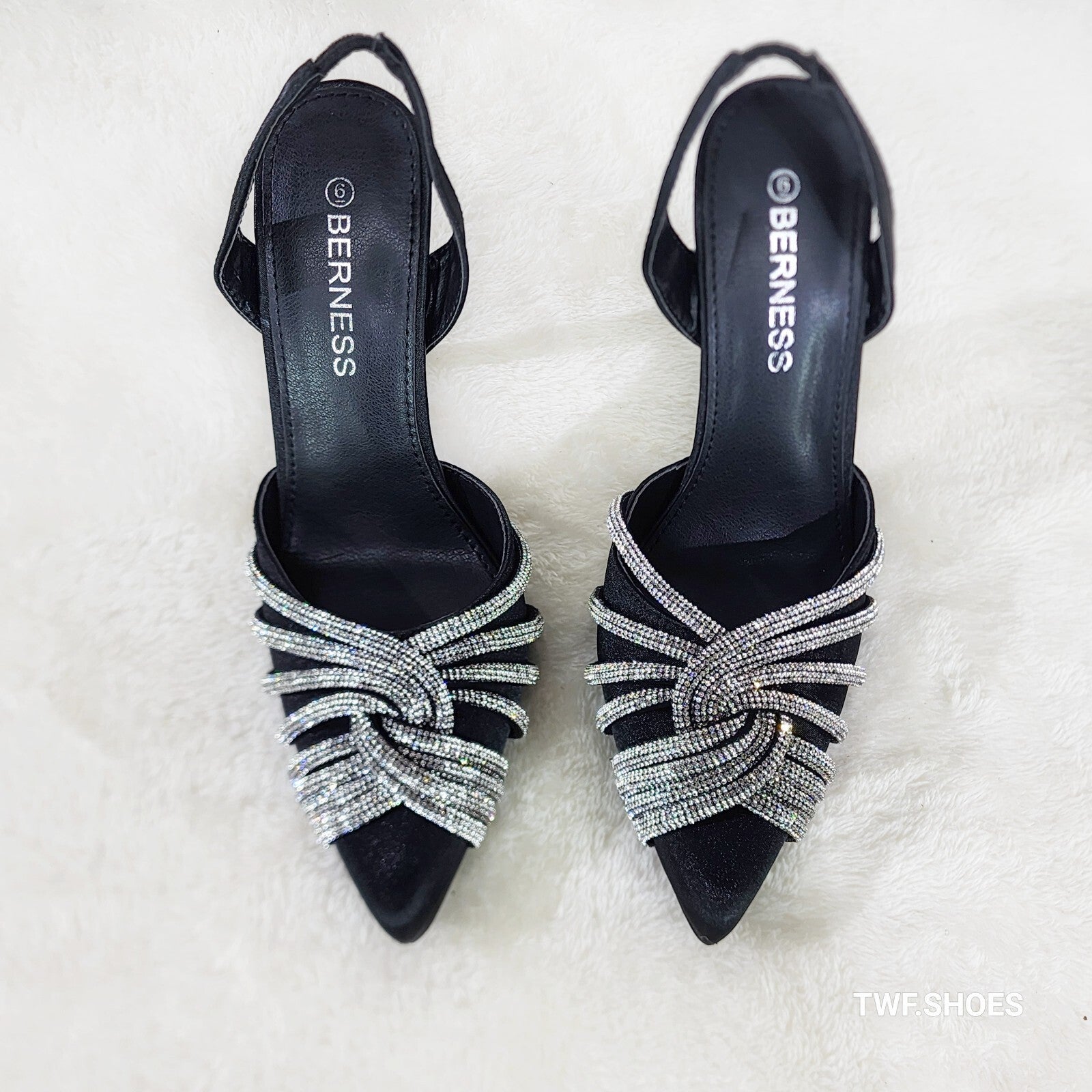 Elegance Slip on Slingback Black Satin Rhinestone Pointy Toe High Heels Shoes