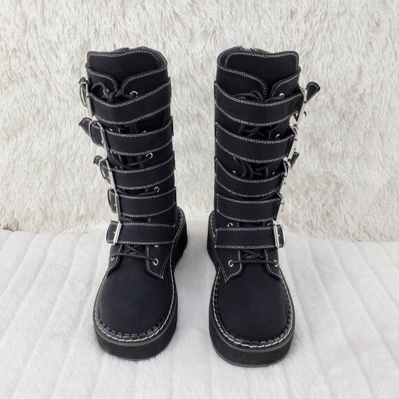 Emily 341 Black Canvas 2" Platform Mid Calf Combat Boots NY DEMONIA - Totally Wicked Footwear