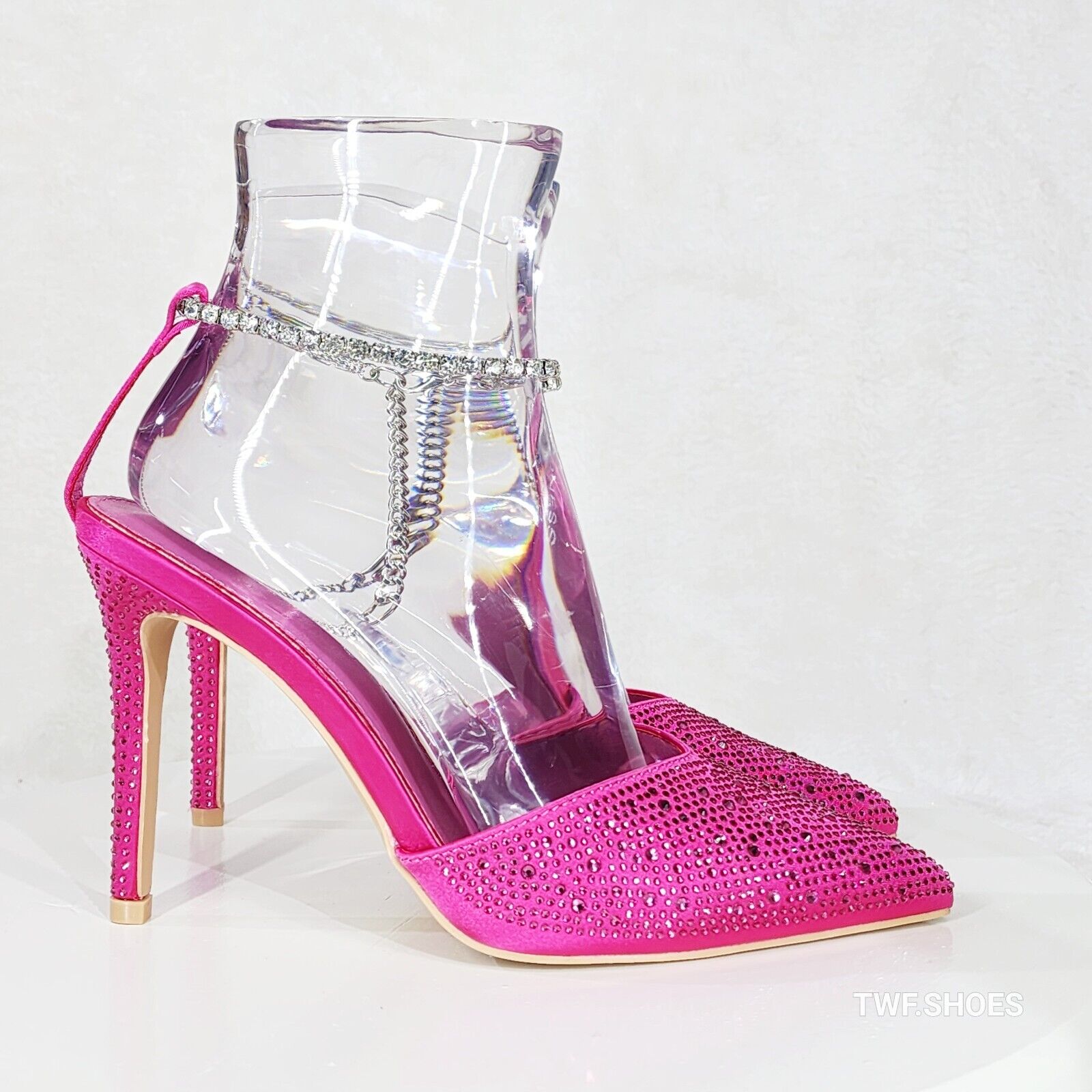 Simply Sexy Ankle Bracelet Hot Pink Rhinestone Pointy Toe High Heels Shoes - Totally Wicked Footwear