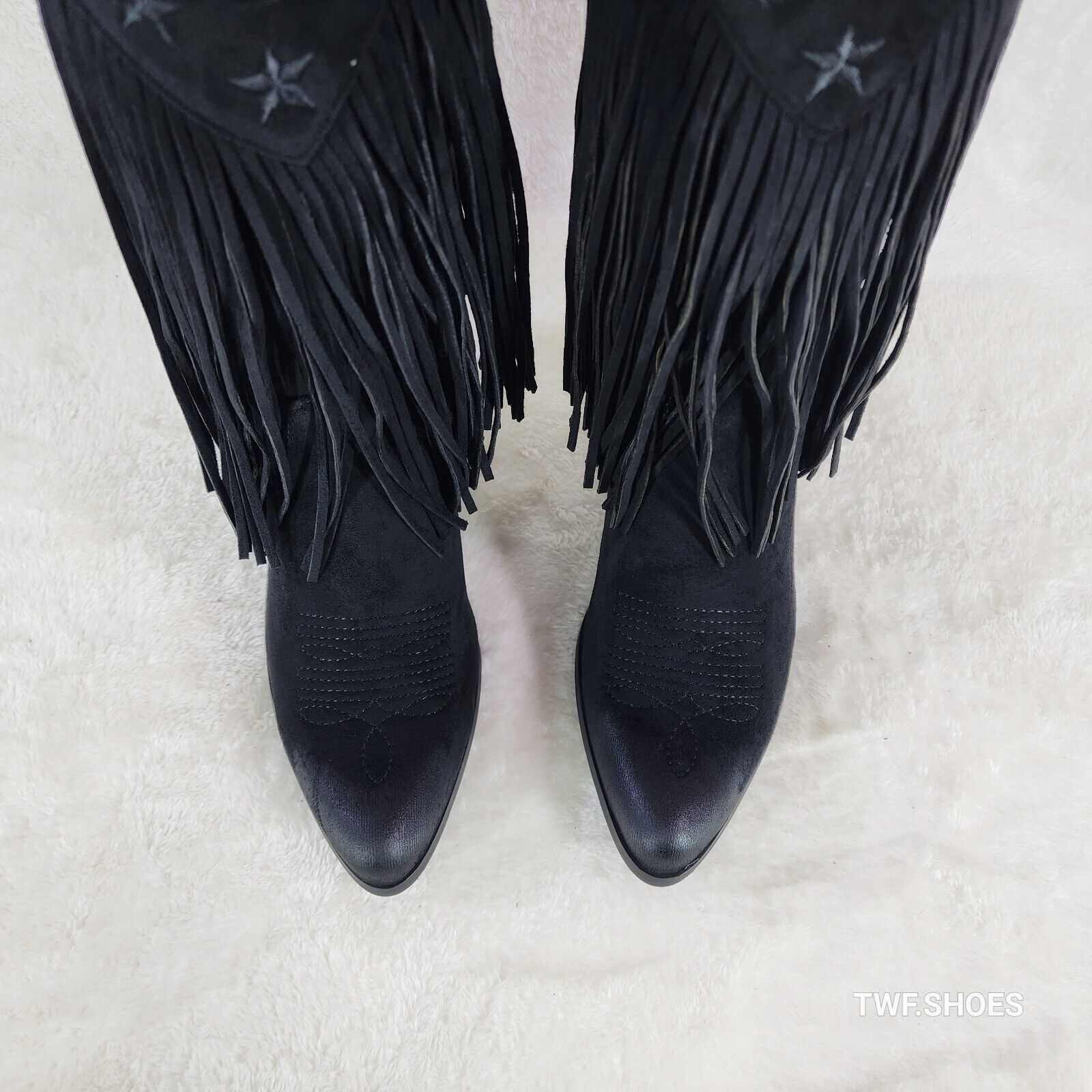 Dusty Trails Mid Calf Jet Black Fringe Country Western Cowgirl Boots - Totally Wicked Footwear