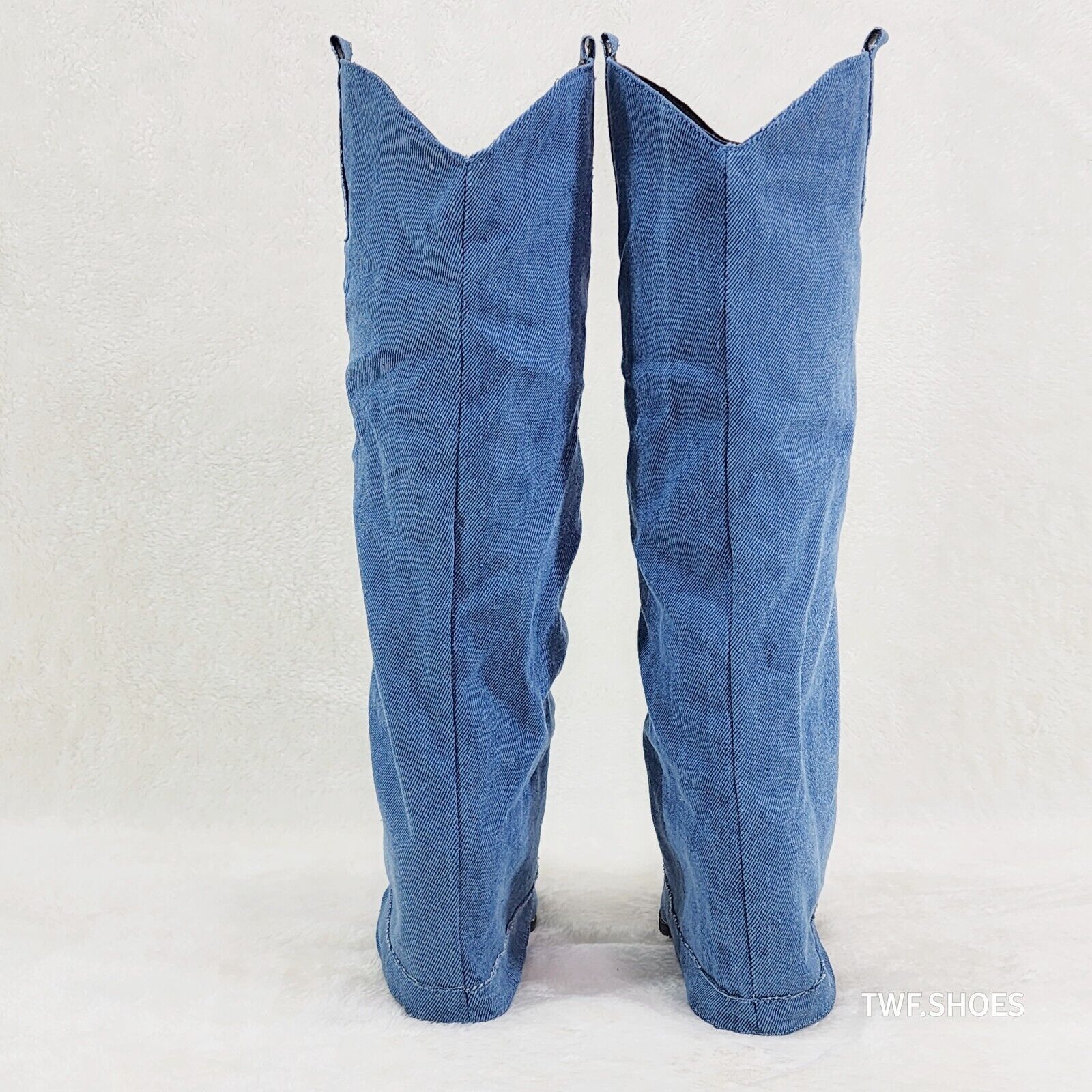 Rough Cut Denim Skirted Fold Over Country Western Knee High Cowgirl Boots - Totally Wicked Footwear