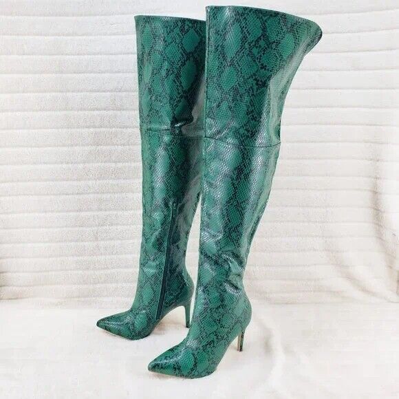 Brand New Bad Girlz Green Snake Wide Top Thigh High Heel Boots