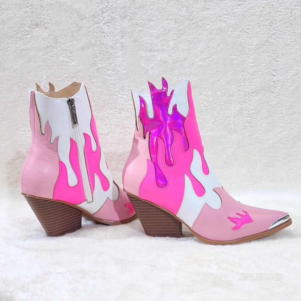 Western Flame Cowgirl Ankle Boots Pink Fire Color Block Country Rock - Totally Wicked Footwear