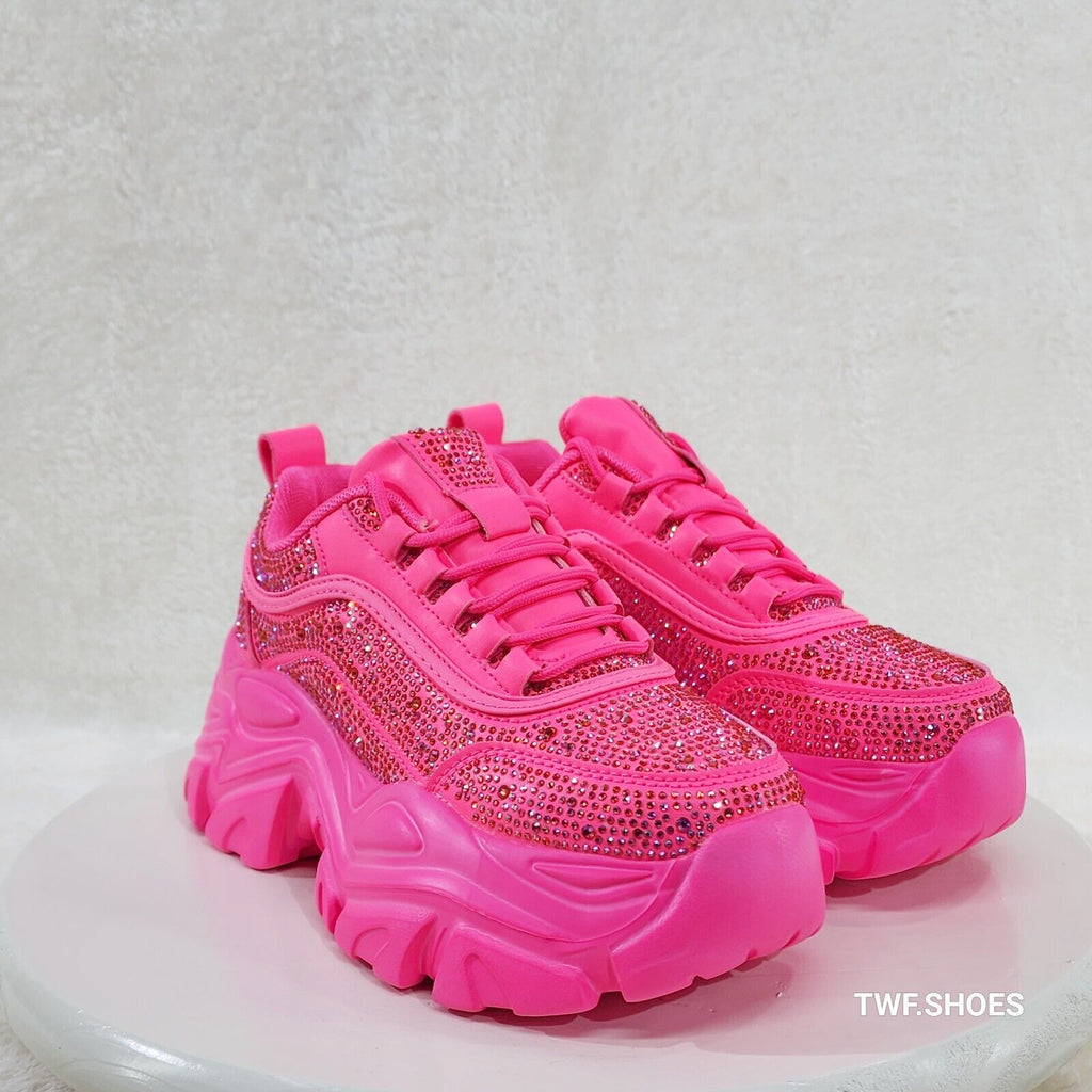 Cush Sport Rhinestone Comfy Platform Light Weight Sneakers Hot Pink - Totally Wicked Footwear