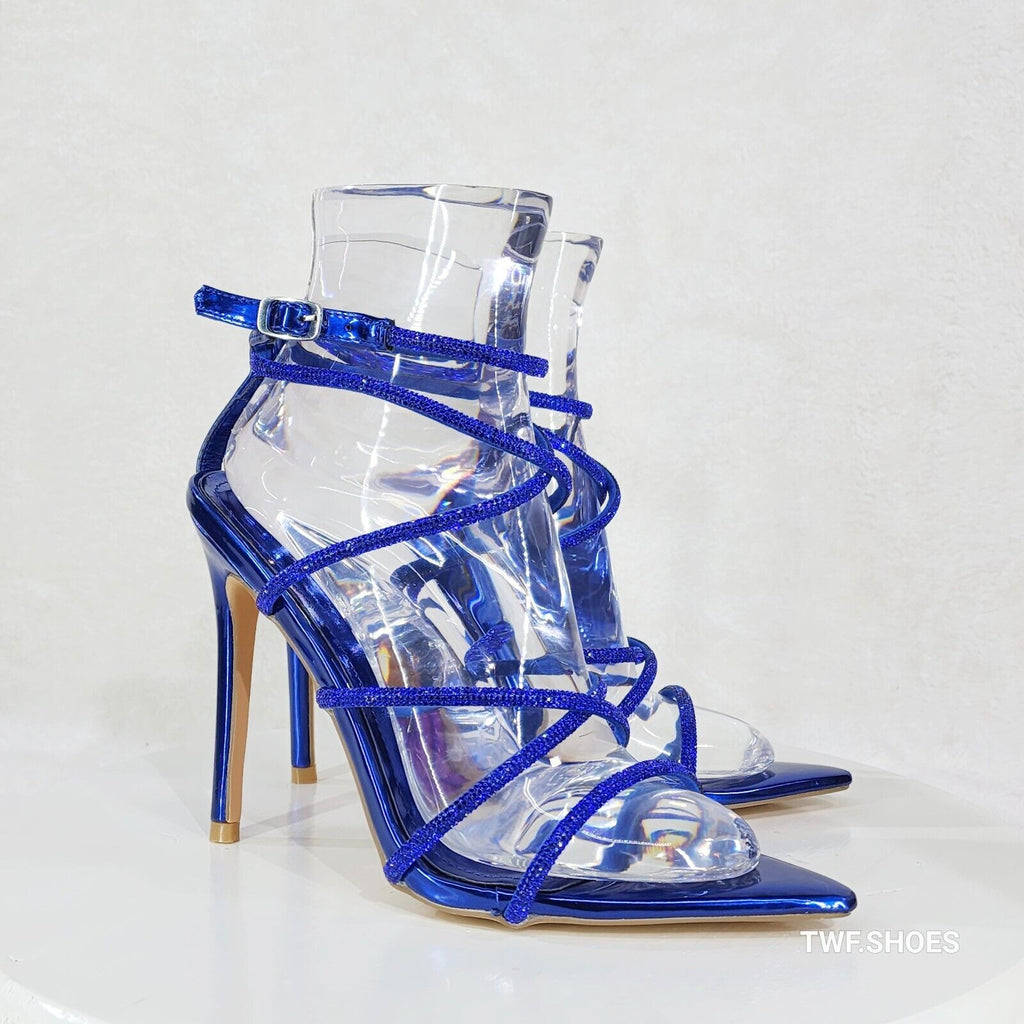 Party Town Blue Metallic Strappy Rhinestone Pointy Toe High Heels