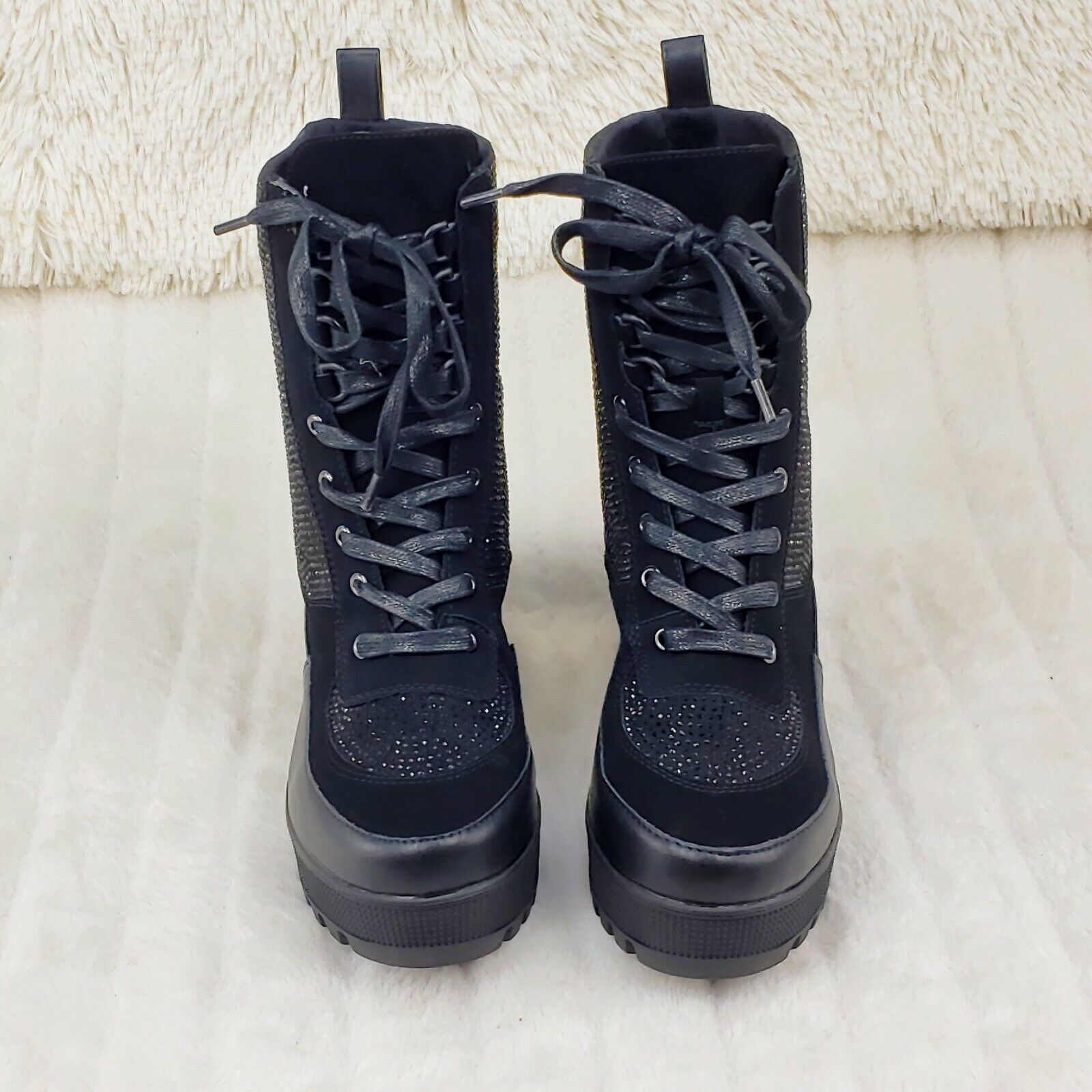 Queen Pin 2 Black Rhinestone Lace Up Platform Sneaker Combat Ankle Boots - Totally Wicked Footwear